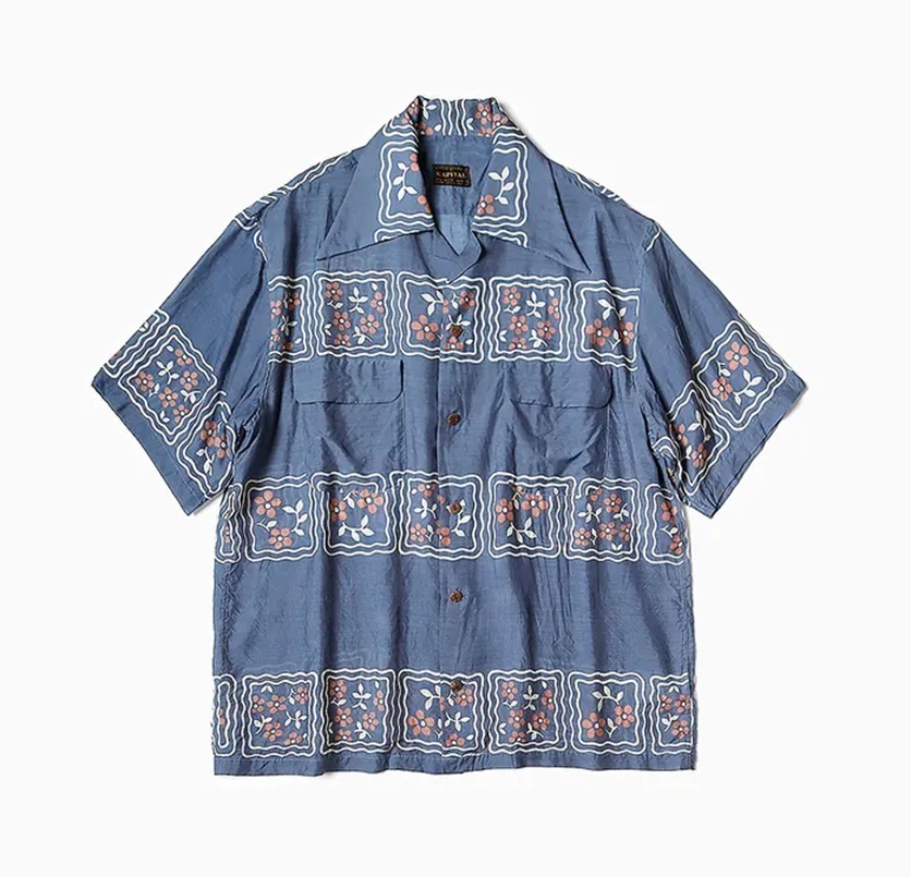 KAPITAL SILK RAYON COOKIE PATTERN WRANGLE COLLAR ALOHA SHIRT S/S - BLUE PRE ORDER ITEM (預訂中)
