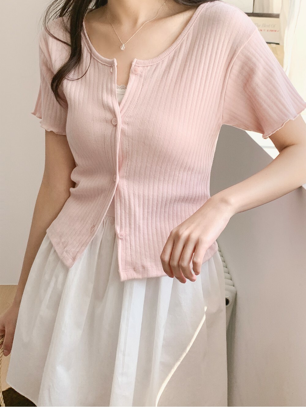 韓國grace muse授權 簡約六色羅紋柔軟木耳邊排釦上衣