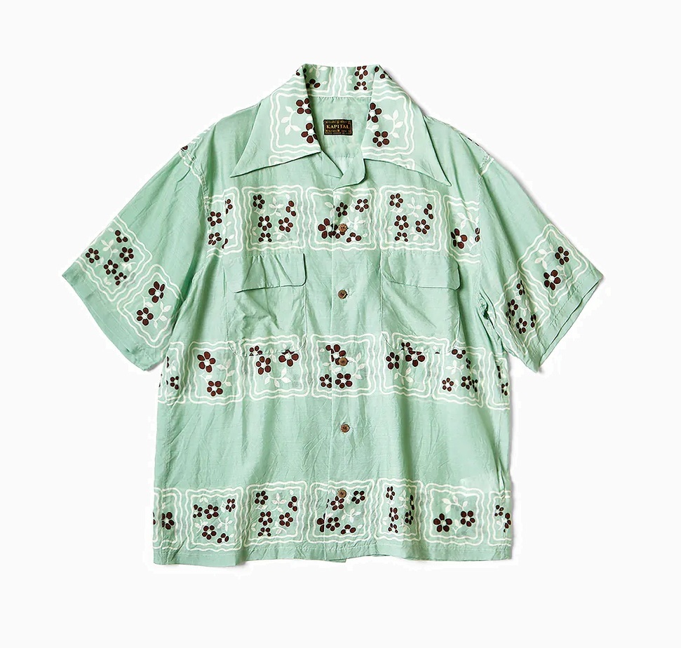 KAPITAL SILK RAYON COOKIE PATTERN WRANGLE COLLAR ALOHA SHIRT S/S - LT.GREEN PRE ORDER ITEM (預訂中)