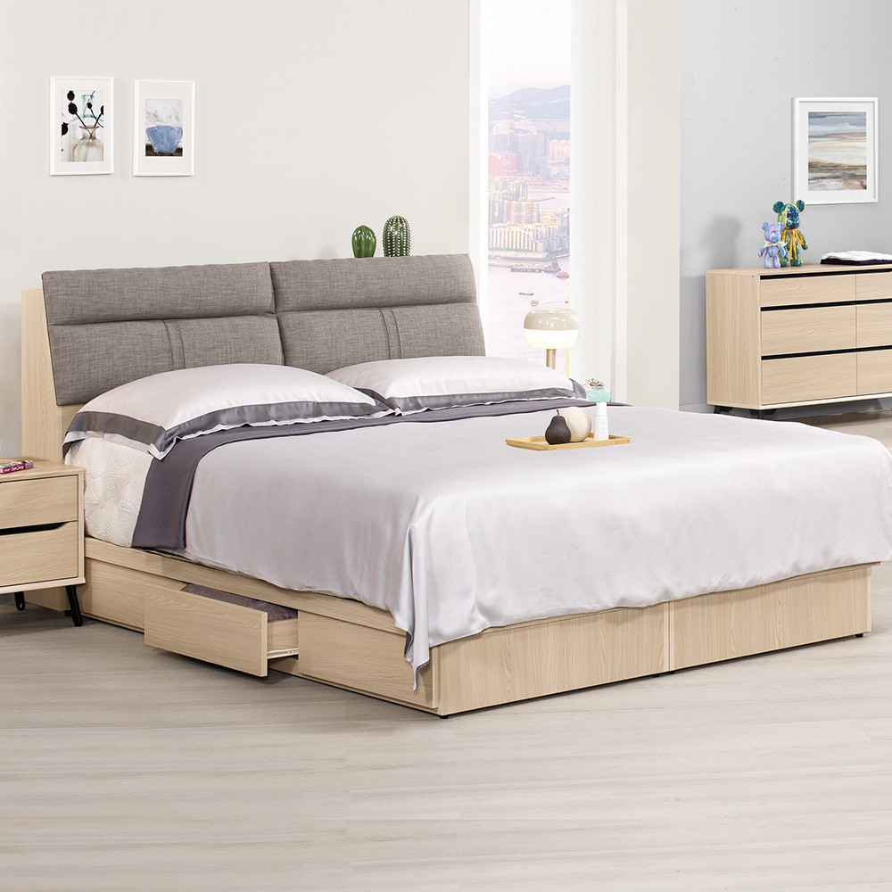 米達5尺雙人抽屜床組(附插座收納床頭箱+三抽收納床底-不含床墊)