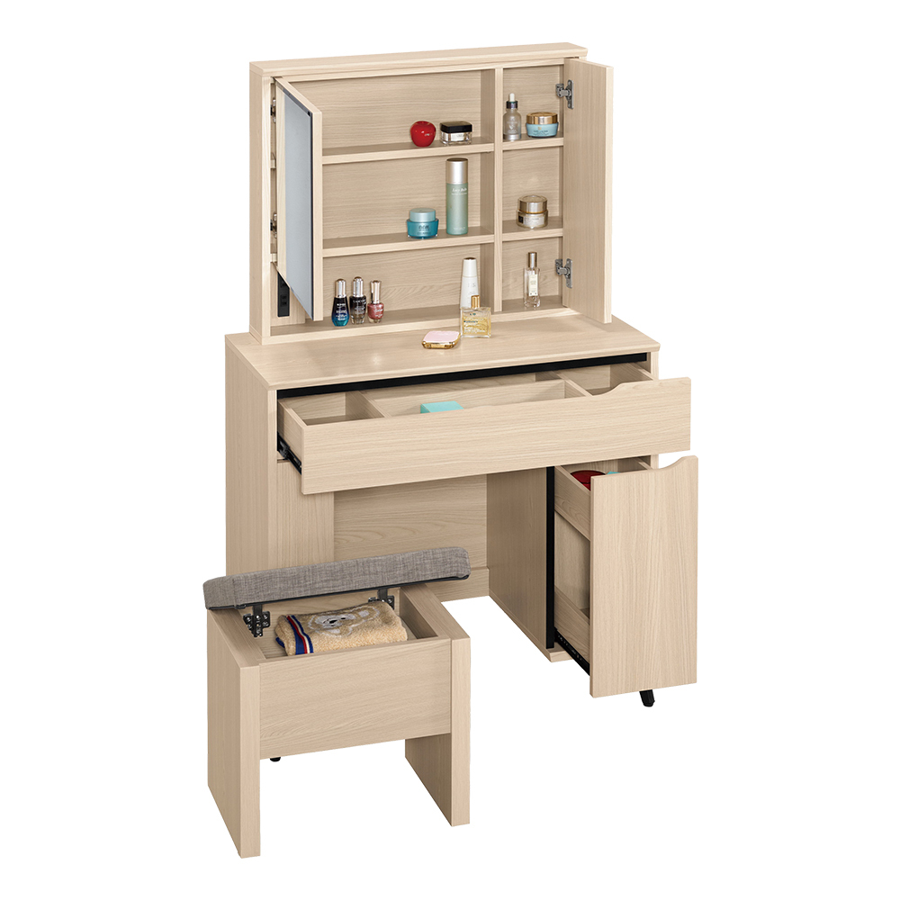 米達2.7尺化妝桌/開門式鏡台/梳妝台(附插座+收納化妝椅)