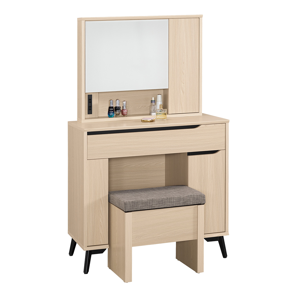 米達2.7尺化妝桌/開門式鏡台/梳妝台(附插座+收納化妝椅)