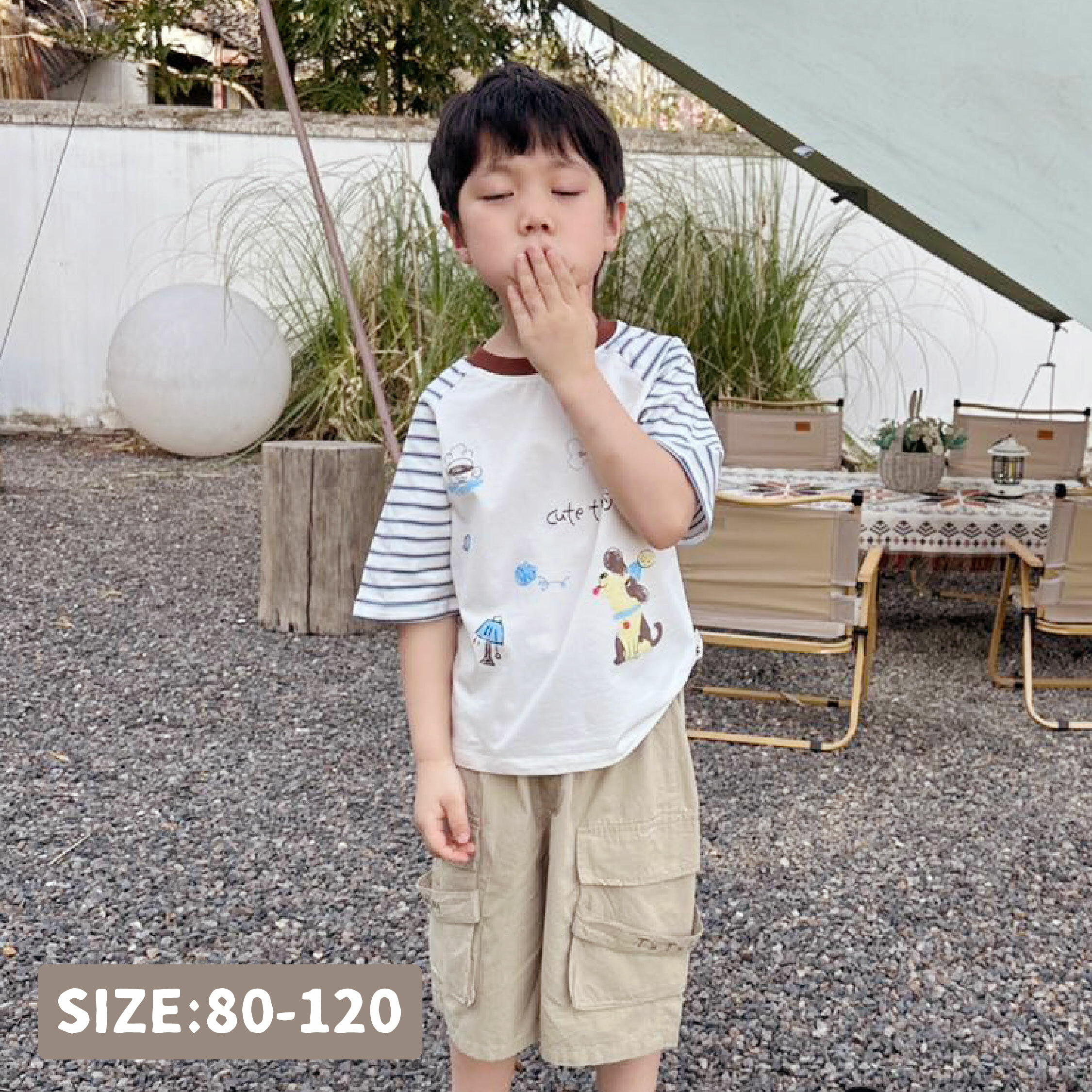 塗鴉狗狗條紋拼接袖上衣 (H50094)