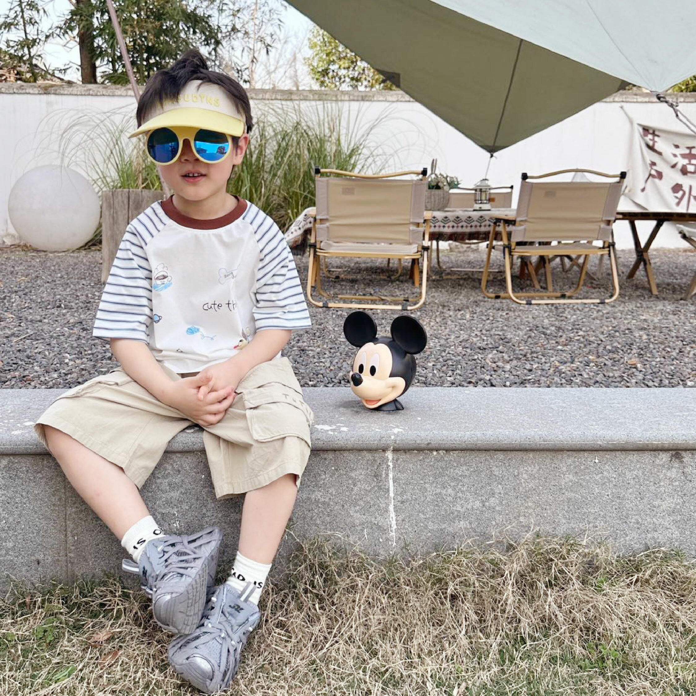 塗鴉狗狗條紋拼接袖上衣 (H50094)