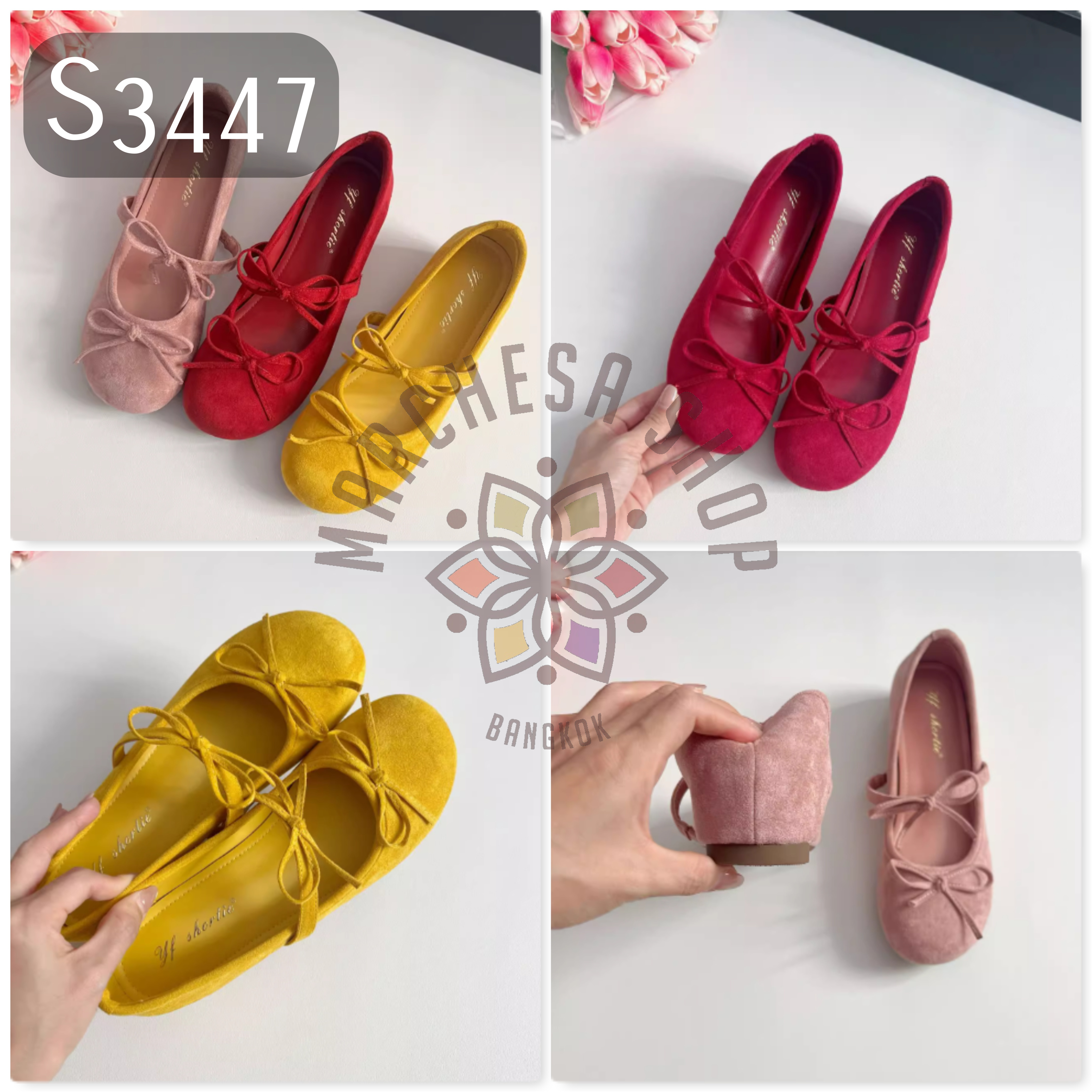 S3446 - 羊猄皮蝴蝶綁結圓頭一字帶內增高鞋