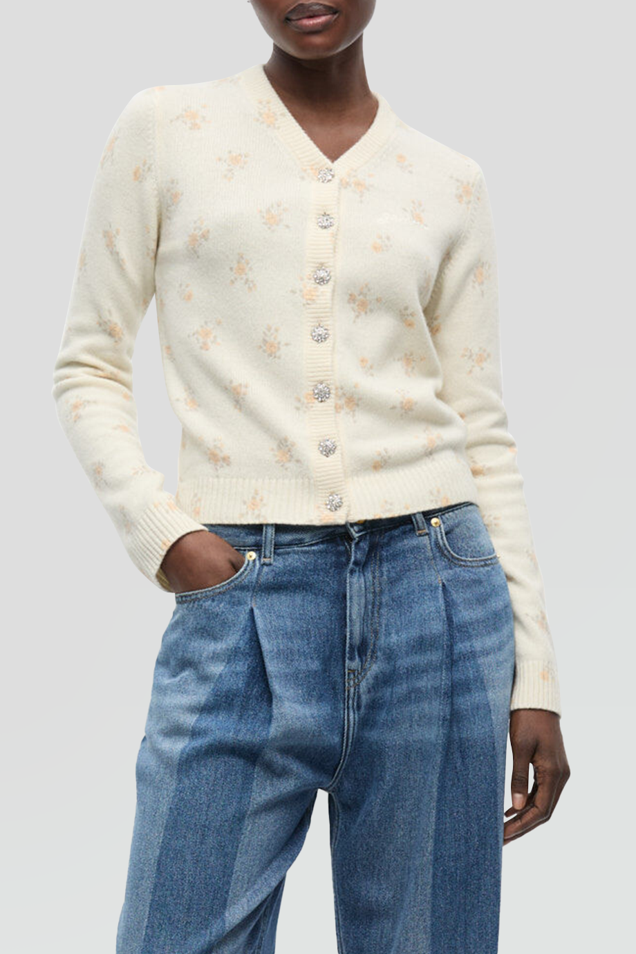 GANNI｜PRINTED V領水晶釦印花針織外套