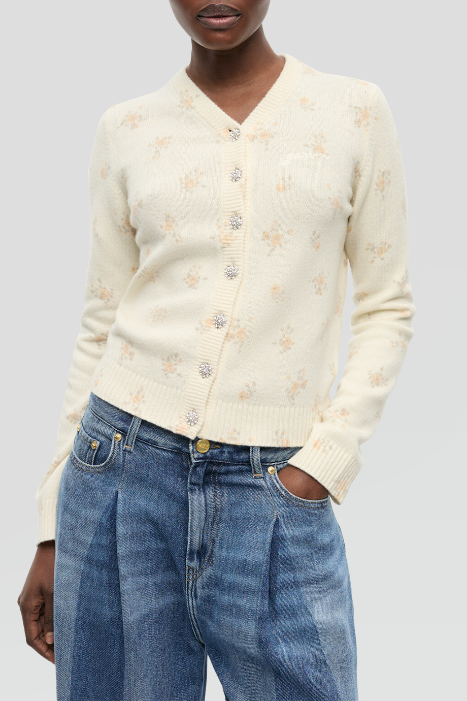 GANNI｜PRINTED V領水晶釦印花針織外套