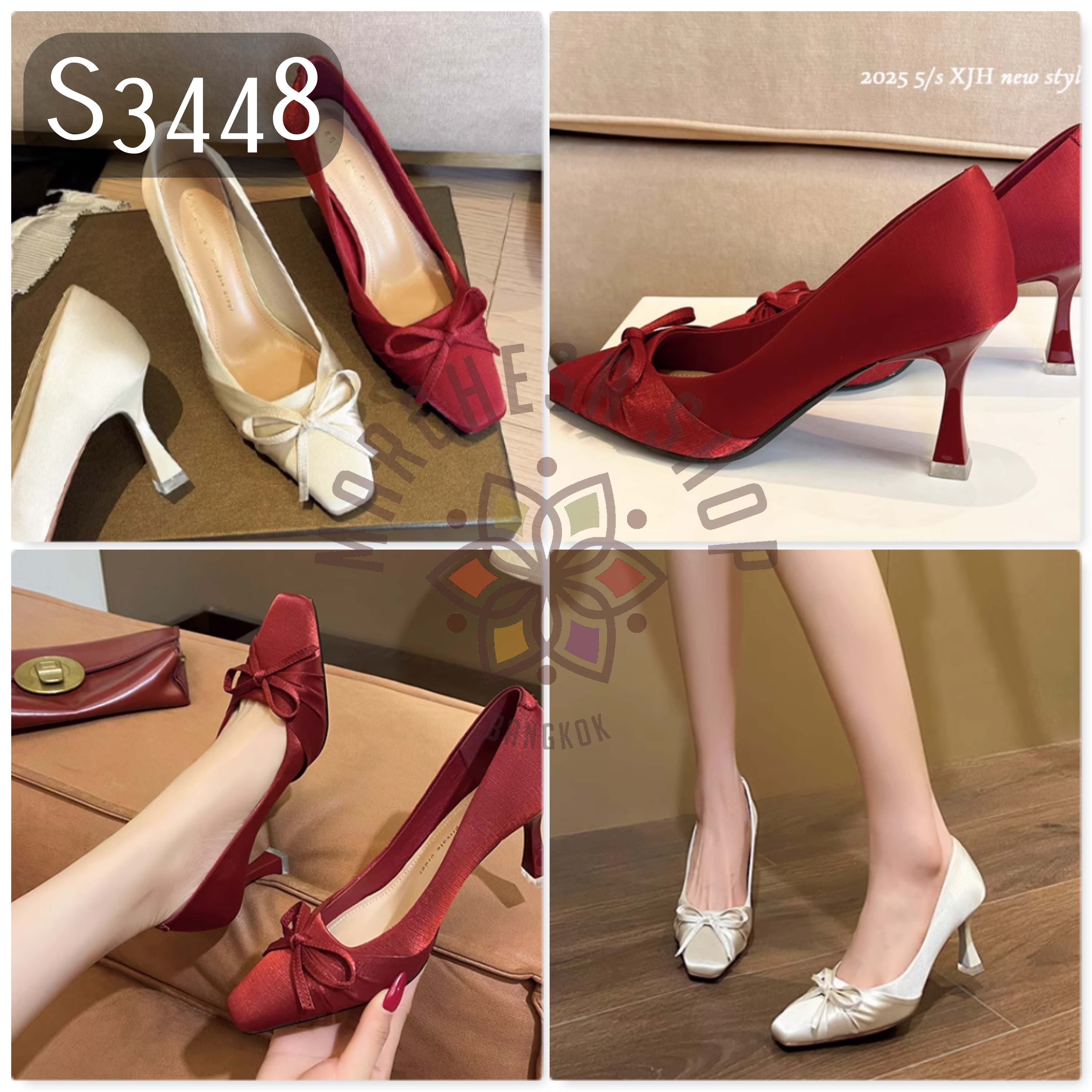 S3448 - 羊皮絲綢蝴蝶結方頭高踭鞋