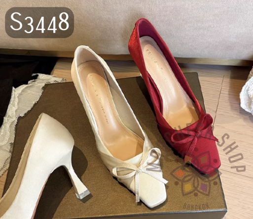 S3448 - 羊皮絲綢蝴蝶結方頭高踭鞋