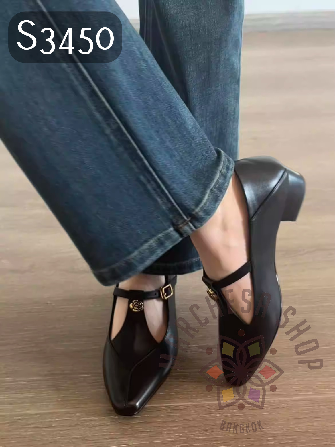 S3450 - 頭層小羊皮山茶花T帶高踭鞋