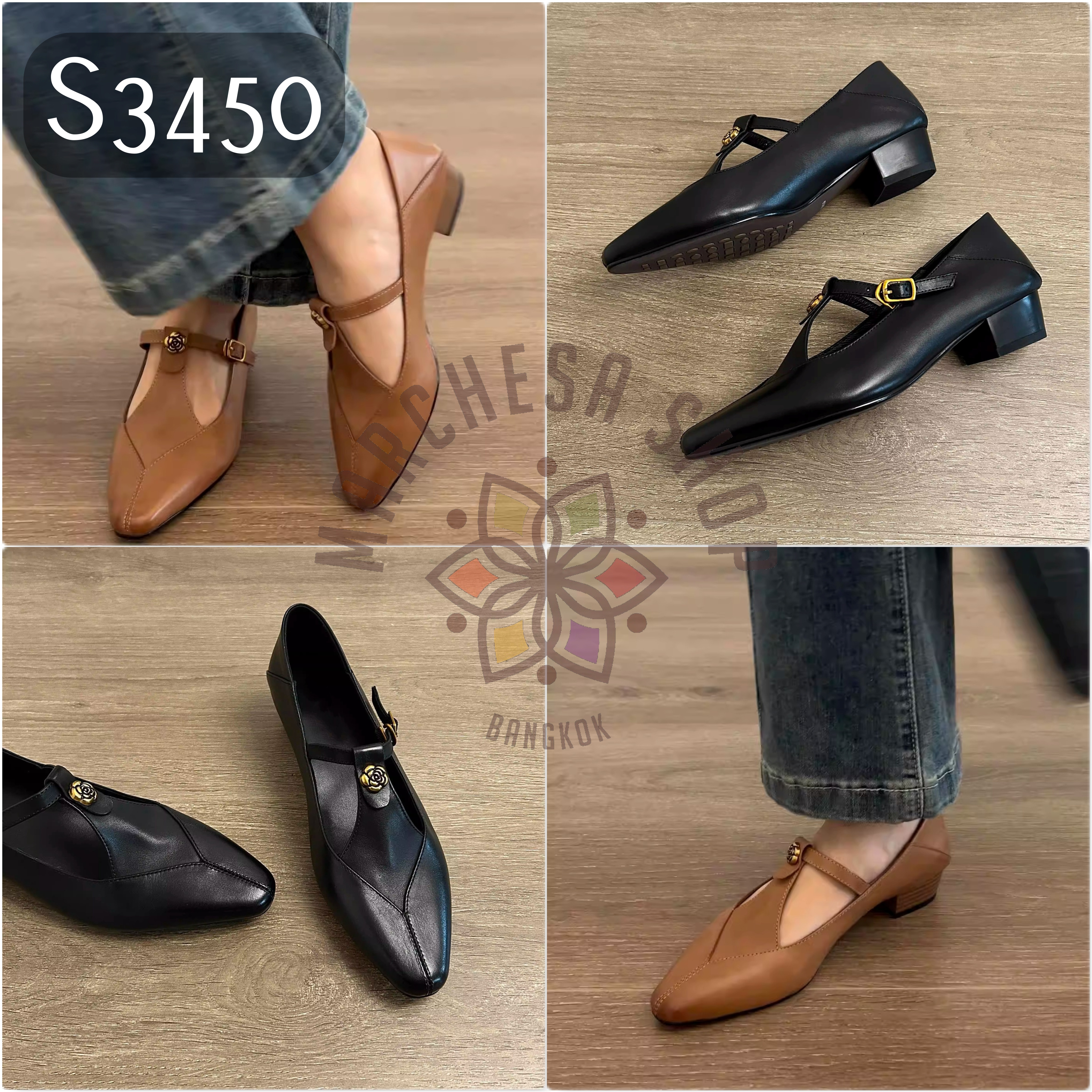 S3450 - 頭層小羊皮山茶花T帶高踭鞋