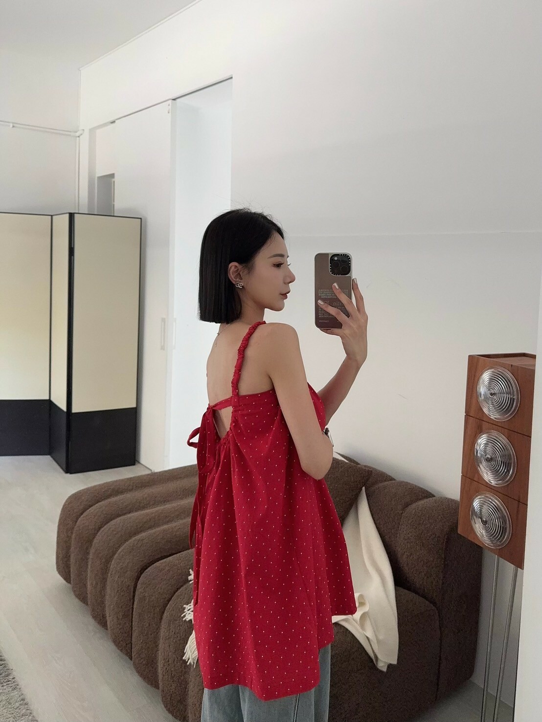 後露背綁帶點點上衣