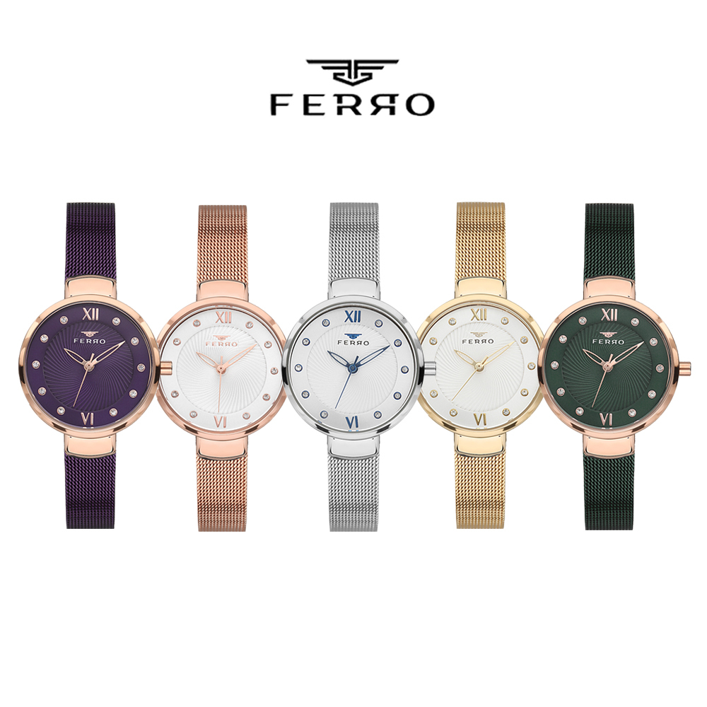 【FERRO 費羅】F1618 晶鑽時標 米蘭錶帶 不鏽鋼 女款 腕錶 手錶