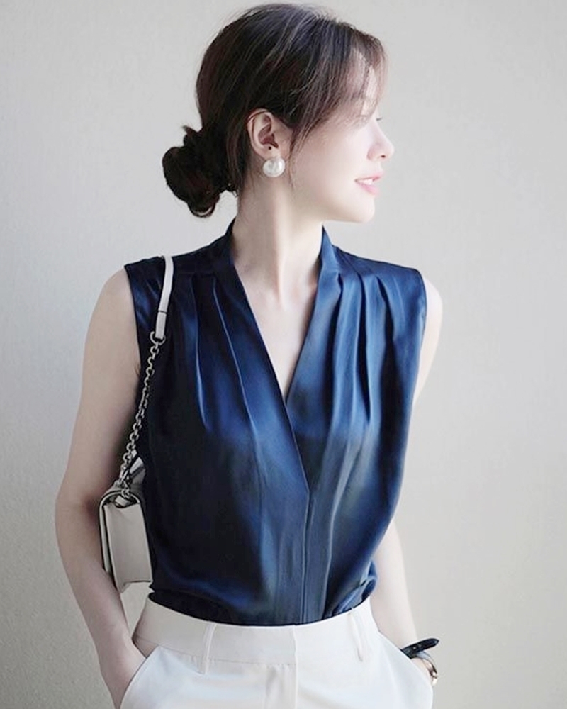 V領無袖仿緞雪紡上衣  兩色