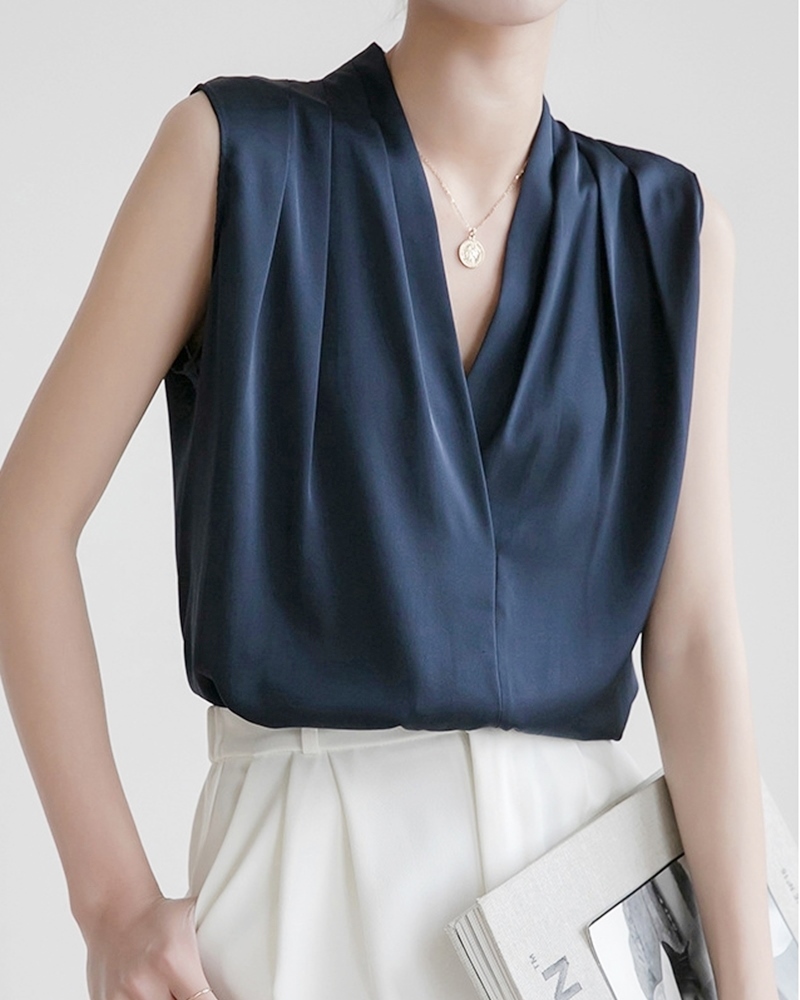 V領無袖仿緞雪紡上衣  兩色