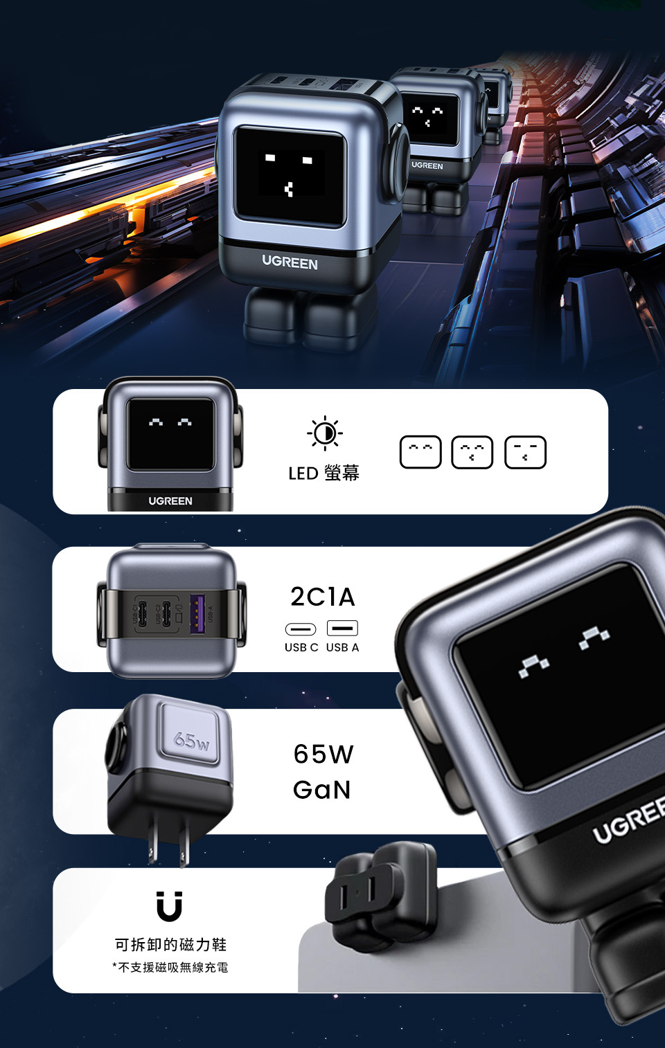 GREENUGREENLED 螢幕2C1AUSB C USB A65WU可拆卸的磁力鞋*不支援磁吸無線充電UGREENUGREE