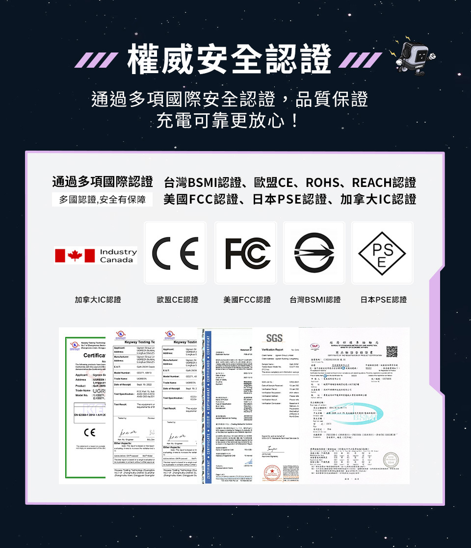 權威安全認證///通過多項國際安全認證,品質保證充電可靠更放心!通過多項國際認證多國認證,安全有保障台灣BSI認證、歐盟CE、ROHS、RECH認證美國FCC認證、日本PSE認證、加拿大IC認證Industrynada PS加拿大IC認證歐盟CE認證美國FCC認證台灣I認證日本PSE認證Certifica Keyway sting eKeyway TestinACa          A112 T   SGSMBSM
