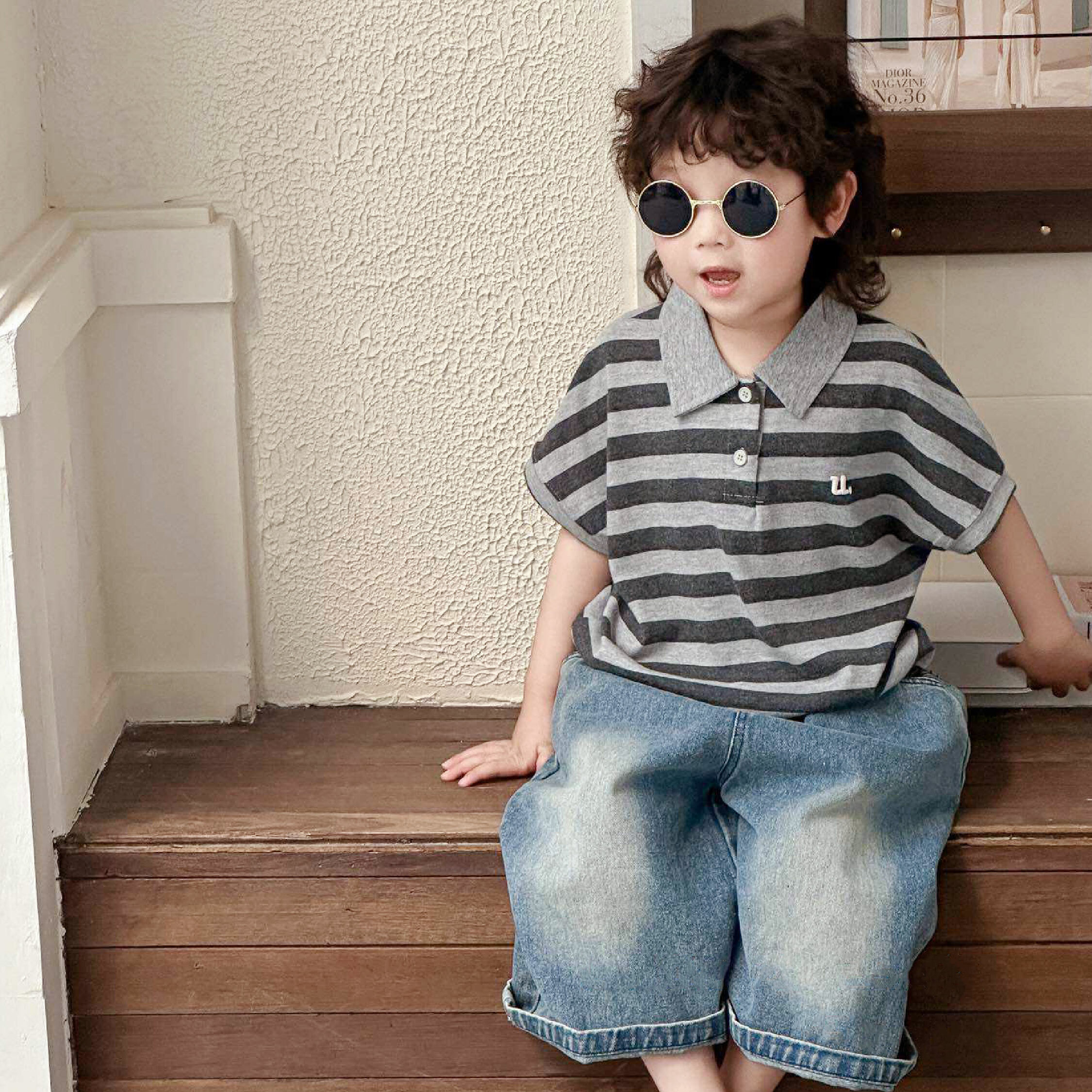 經典條紋字母電繡上衣 (H50098)