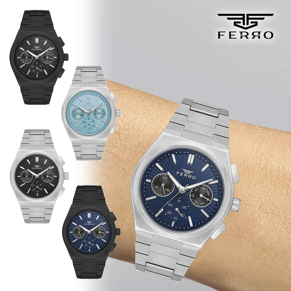 【FERRO 費羅】FM11452AWT 質感 三眼 24小時 日期 星期 夜光 不鏽鋼 腕錶