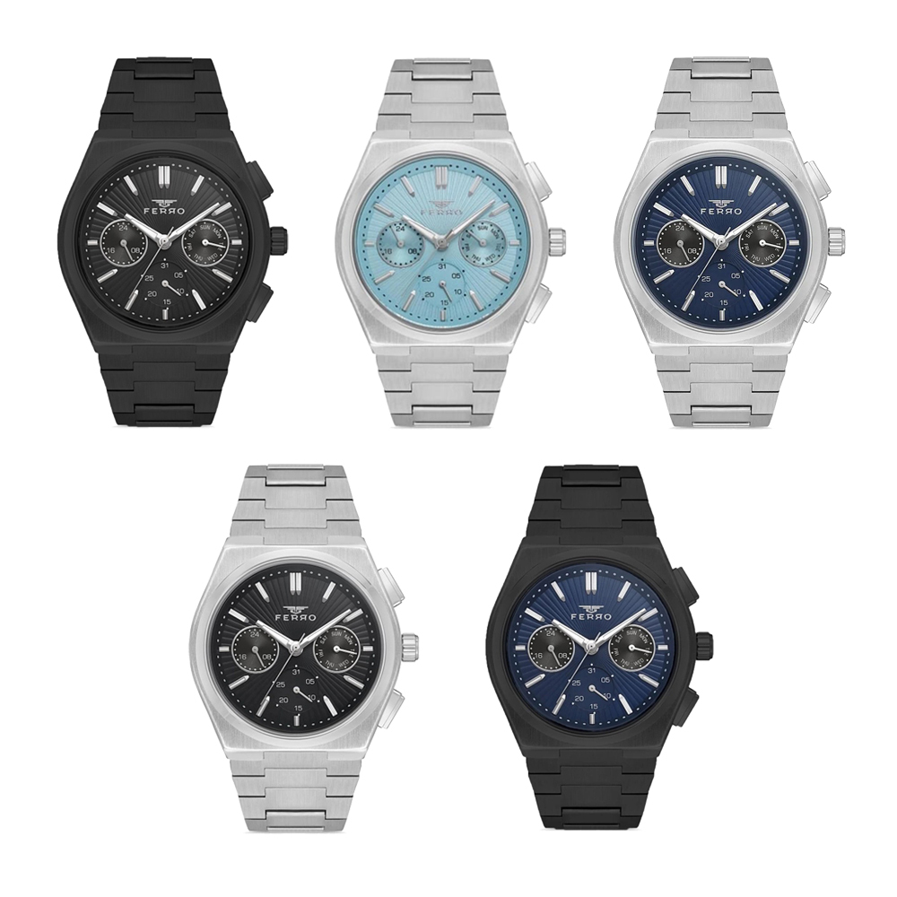 【FERRO 費羅】FM11452AWT 質感 三眼 24小時 日期 星期 夜光 不鏽鋼 腕錶