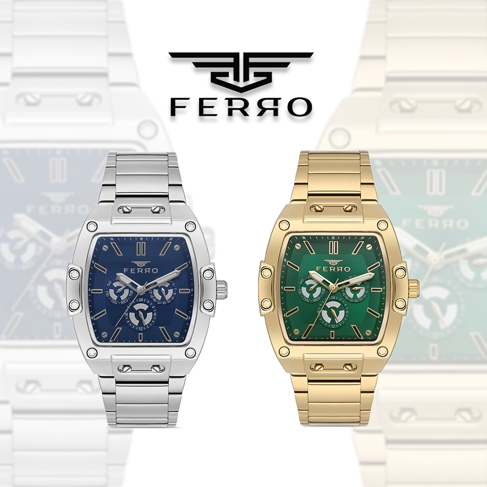 【FERRO 費羅】FM11437AWT 復古 酒桶型 三眼 日期星期 夜光 不鏽鋼 腕錶