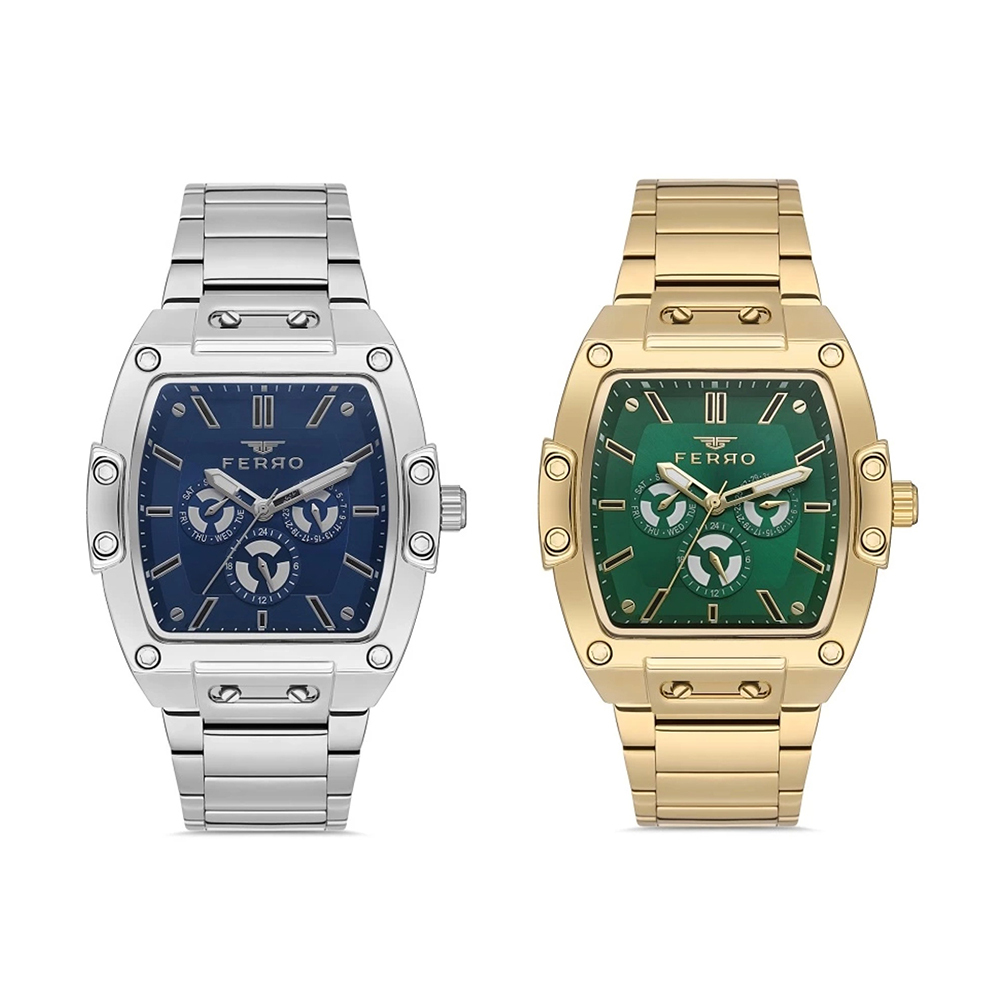 【FERRO 費羅】FM11437AWT 復古 酒桶型 三眼 日期星期 夜光 不鏽鋼 腕錶