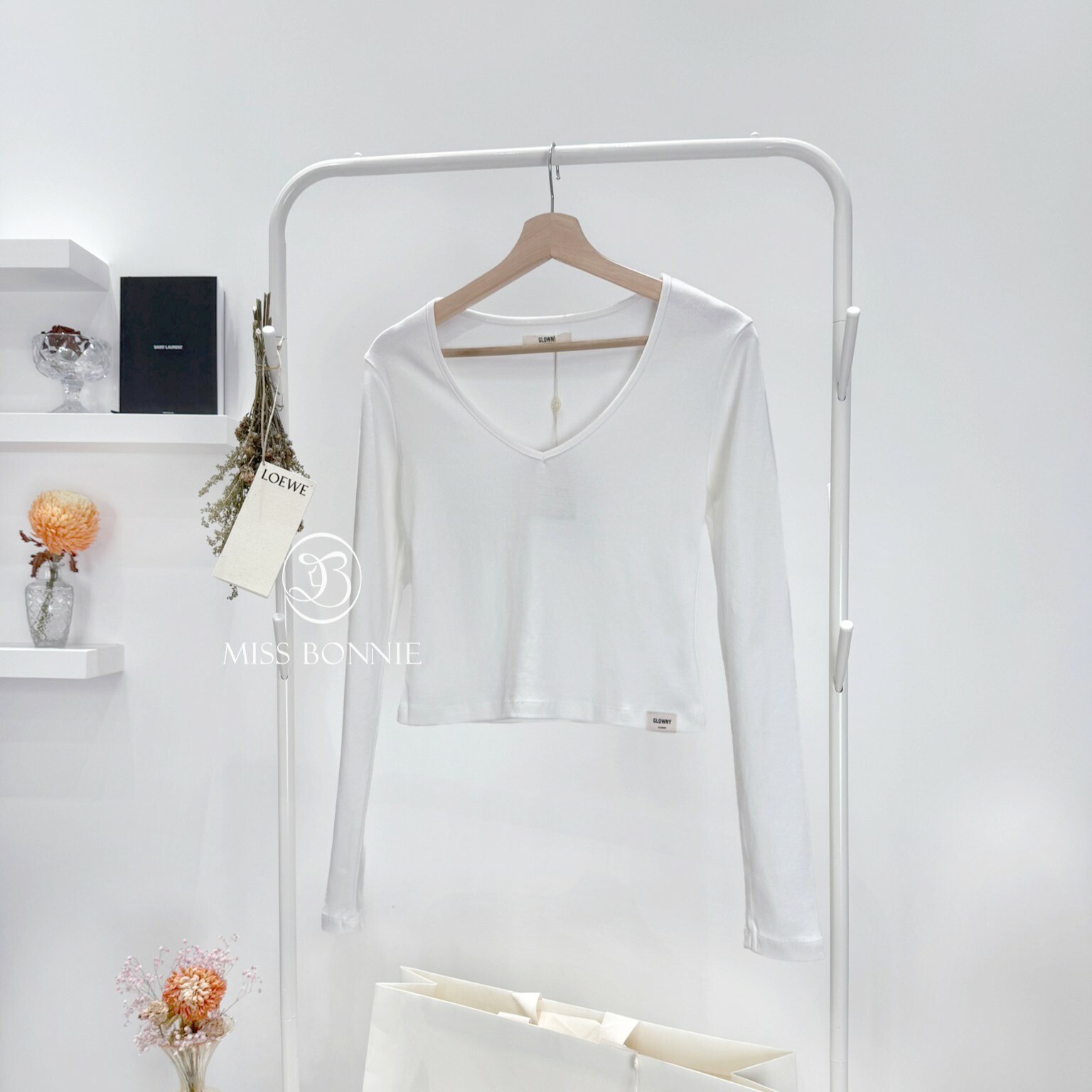 GLOWNY V領棉質短版長袖素T