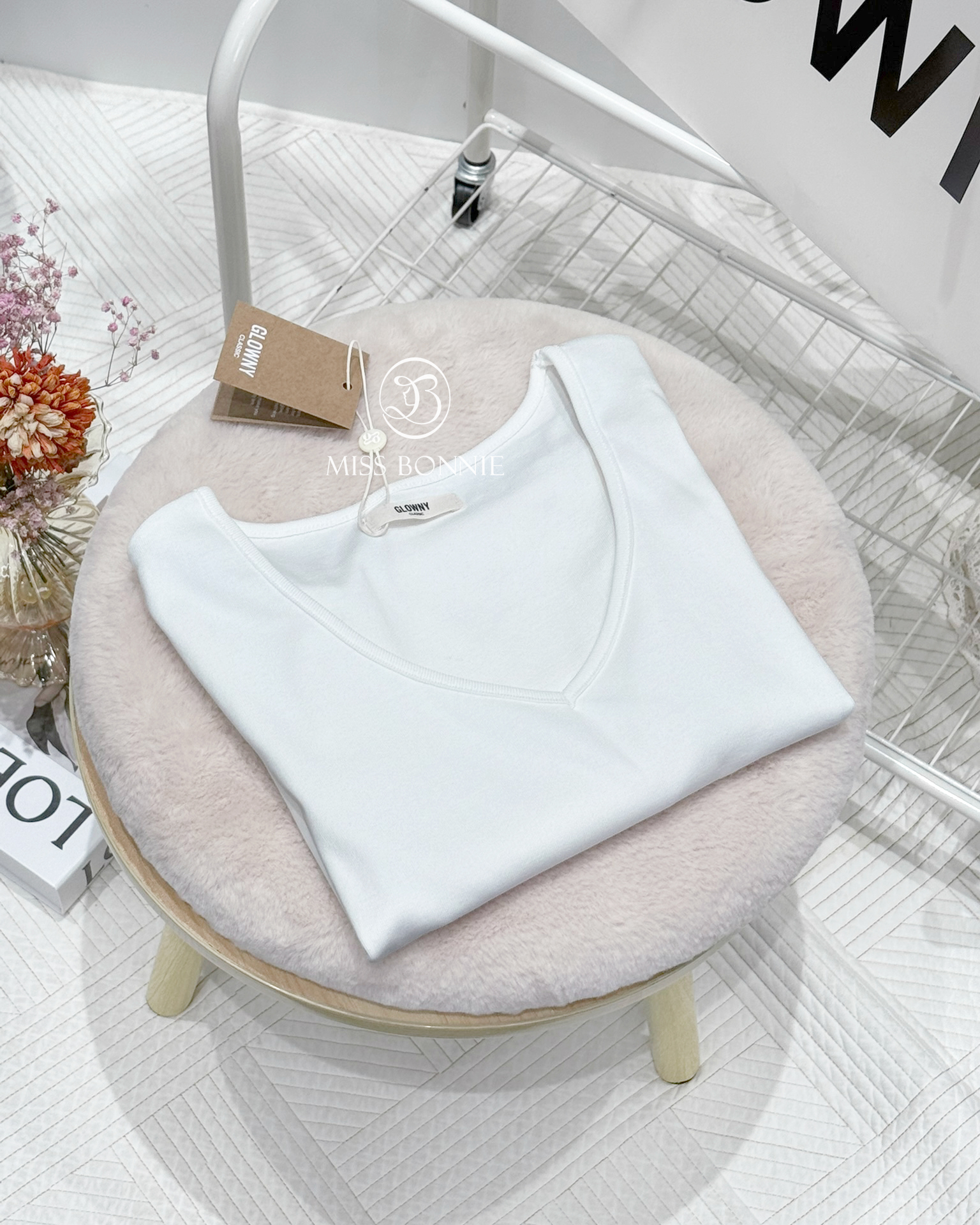 GLOWNY V領棉質短版長袖素T