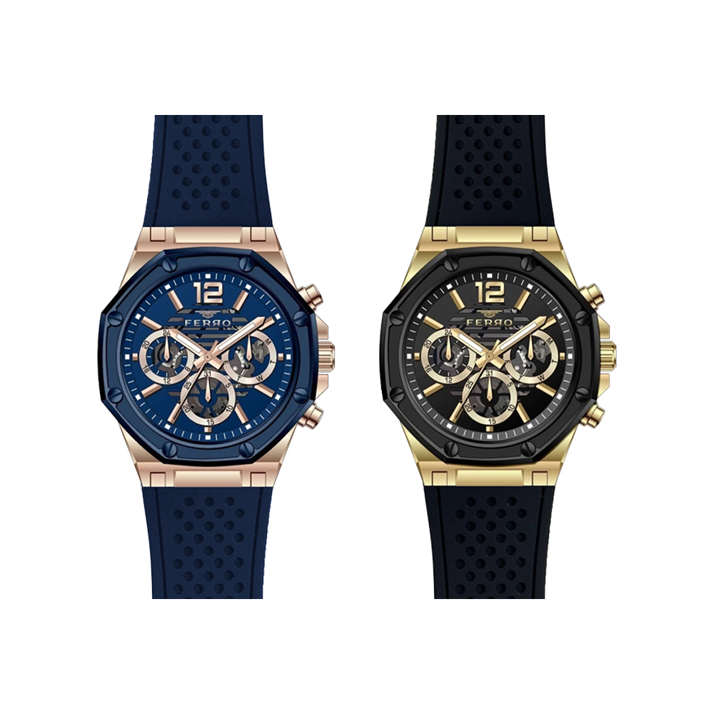 【FERRO 費羅】FM11398AMT 八角型 三眼 日期 星期 夜光 矽膠 腕錶