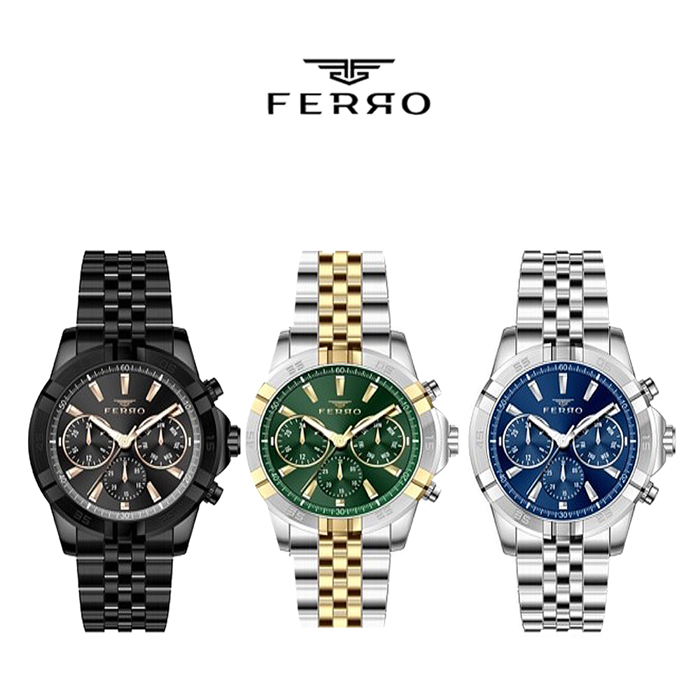 【FERRO 費羅】FM11389AWT 真三眼 帶日期 防水30米 夜光 不鏽鋼 腕錶 手錶