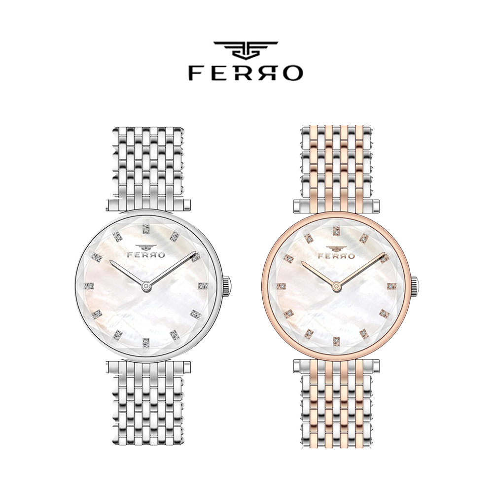 【FERRO 費羅】FL21383AWT 立體雕刻 晶鑽時標 日本機芯 防水30米 不鏽鋼 女款 腕錶 手錶