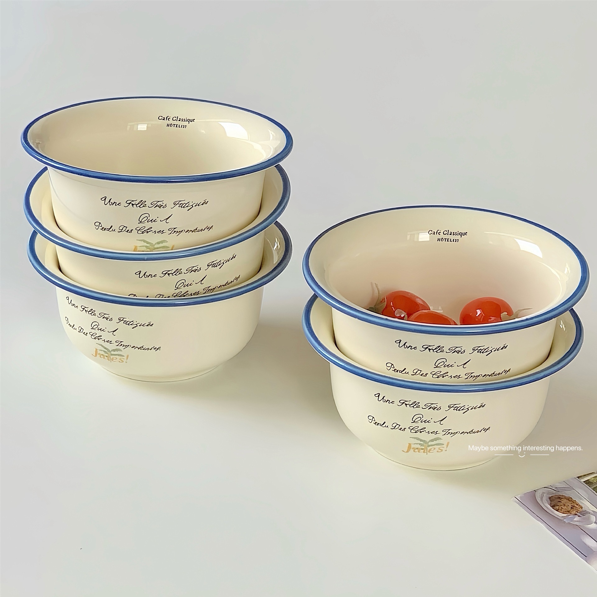 《5938》奶油藍邊法式字母陶瓷碗