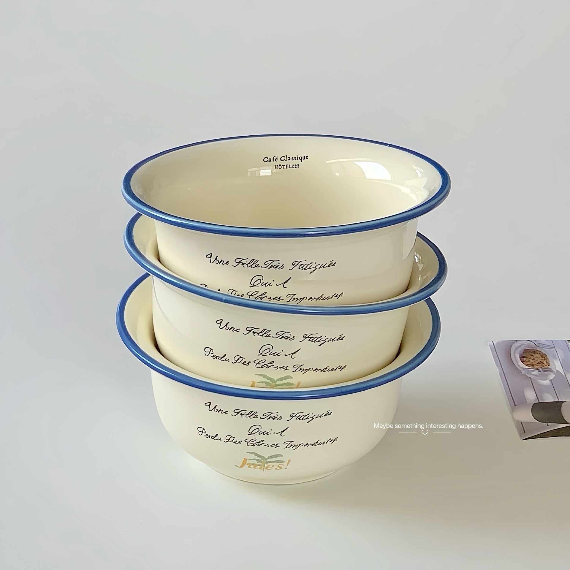 《5938》奶油藍邊法式字母陶瓷碗