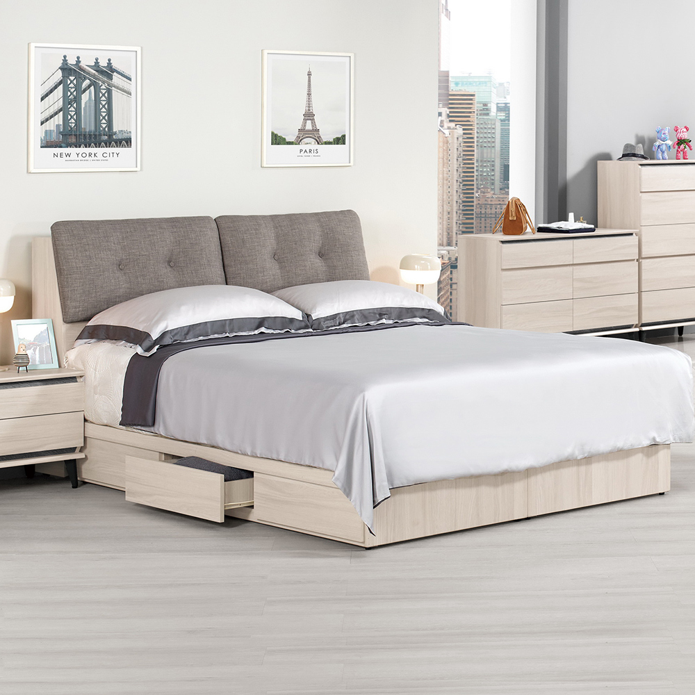 珊卓5尺雙人抽屜床組(附插座收納床頭箱+三抽收納床底-不含床墊)