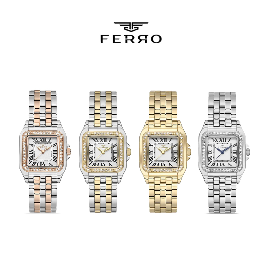 【FERRO 費羅 】FL40112A 晶鑽錶圈 羅馬數字時標 防水30米 小錶鏡 雙色不鏽鋼 女款 手錶