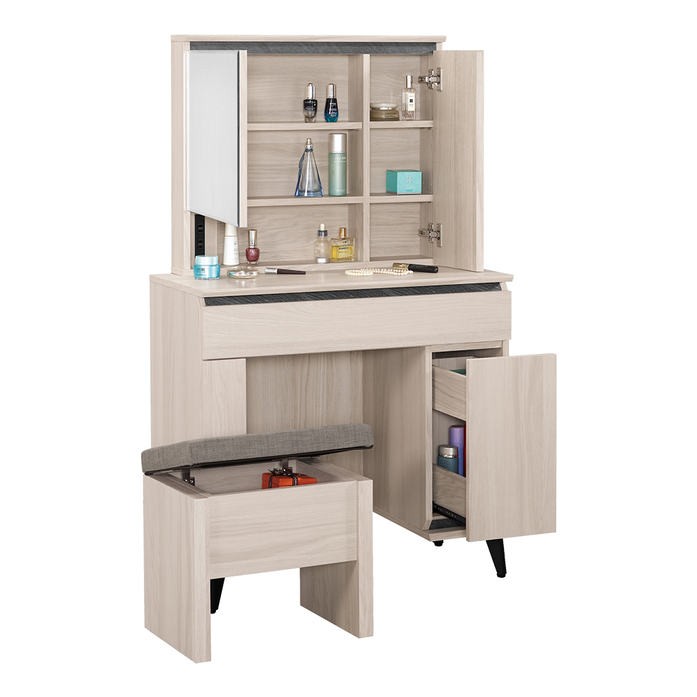 珊卓2.7尺化妝桌/開門式鏡台/梳妝台(附插座+收納化妝椅)