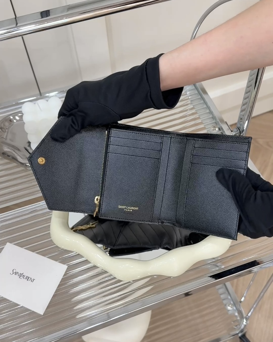 YSL｜經典魚子醬三折短夾 黑金