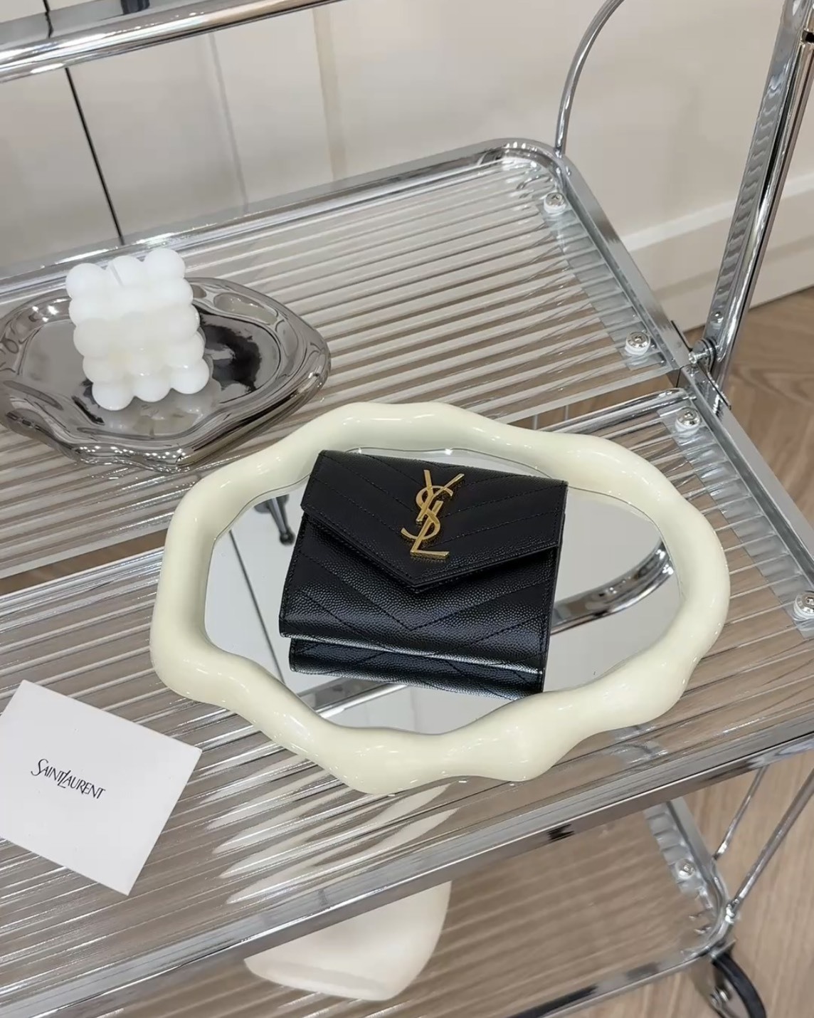 YSL｜經典魚子醬三折短夾 黑金