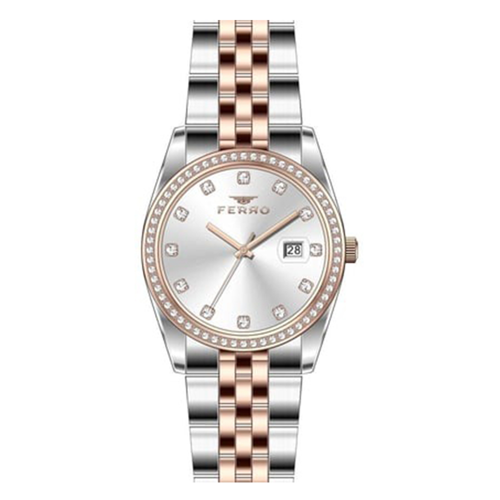 【Ferro 費羅】FL21450AWT 晶鑽時標錶圈 日期視窗 小錶鏡 雙色 不鏽鋼 女款 手錶