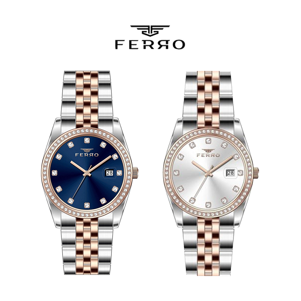 【Ferro 費羅】FL21450AWT 晶鑽時標錶圈 日期視窗 小錶鏡 雙色 不鏽鋼 女款 手錶