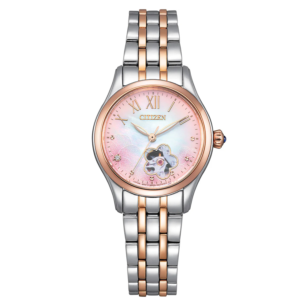 【Citizen 星辰】LADYS系列 PR1044-87Y 櫻花造型鏤空錶面設計 珍珠貝殼錶盤 1顆水晶 不鏽鋼 機械 女錶