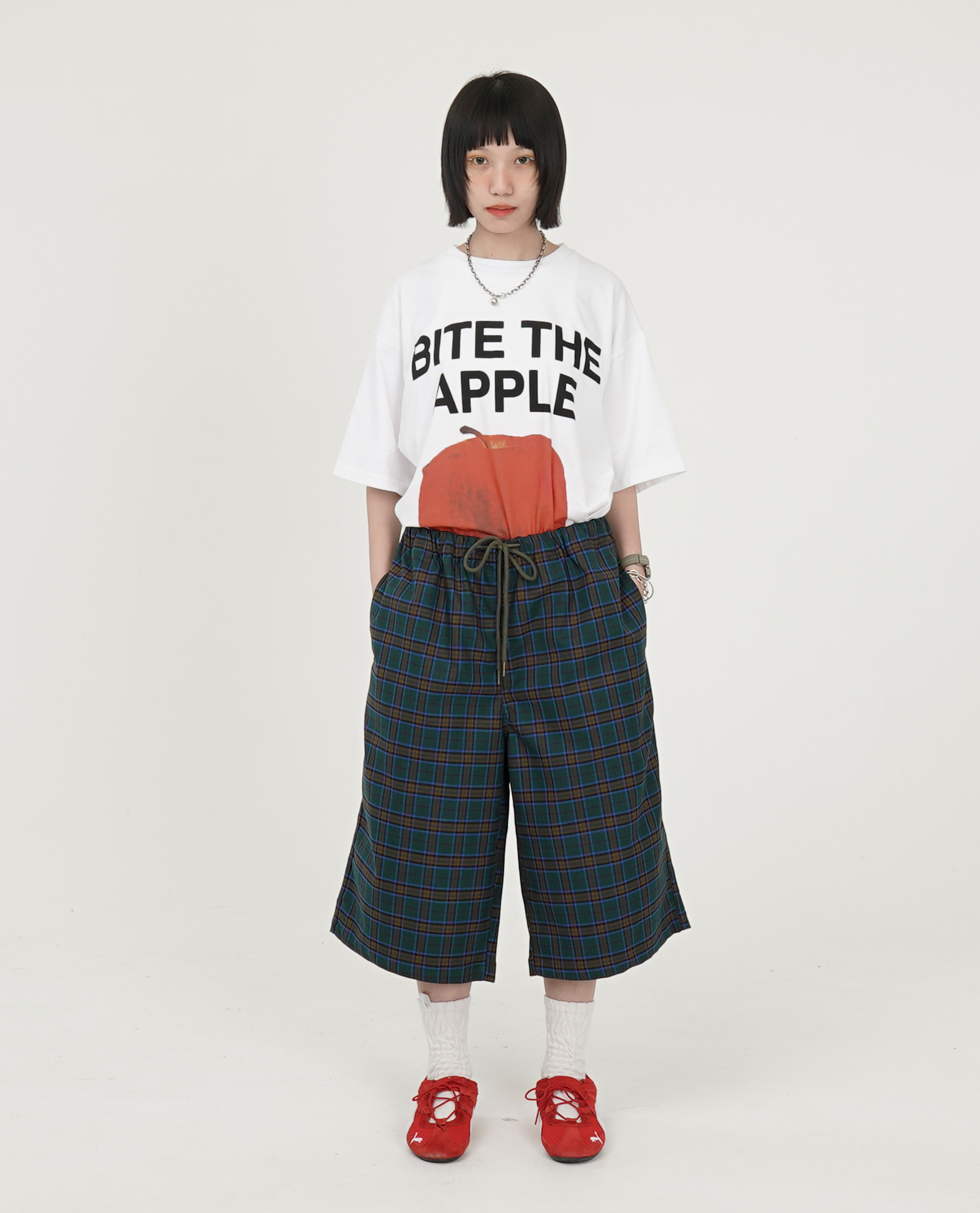 格紋綁繩膝下褲