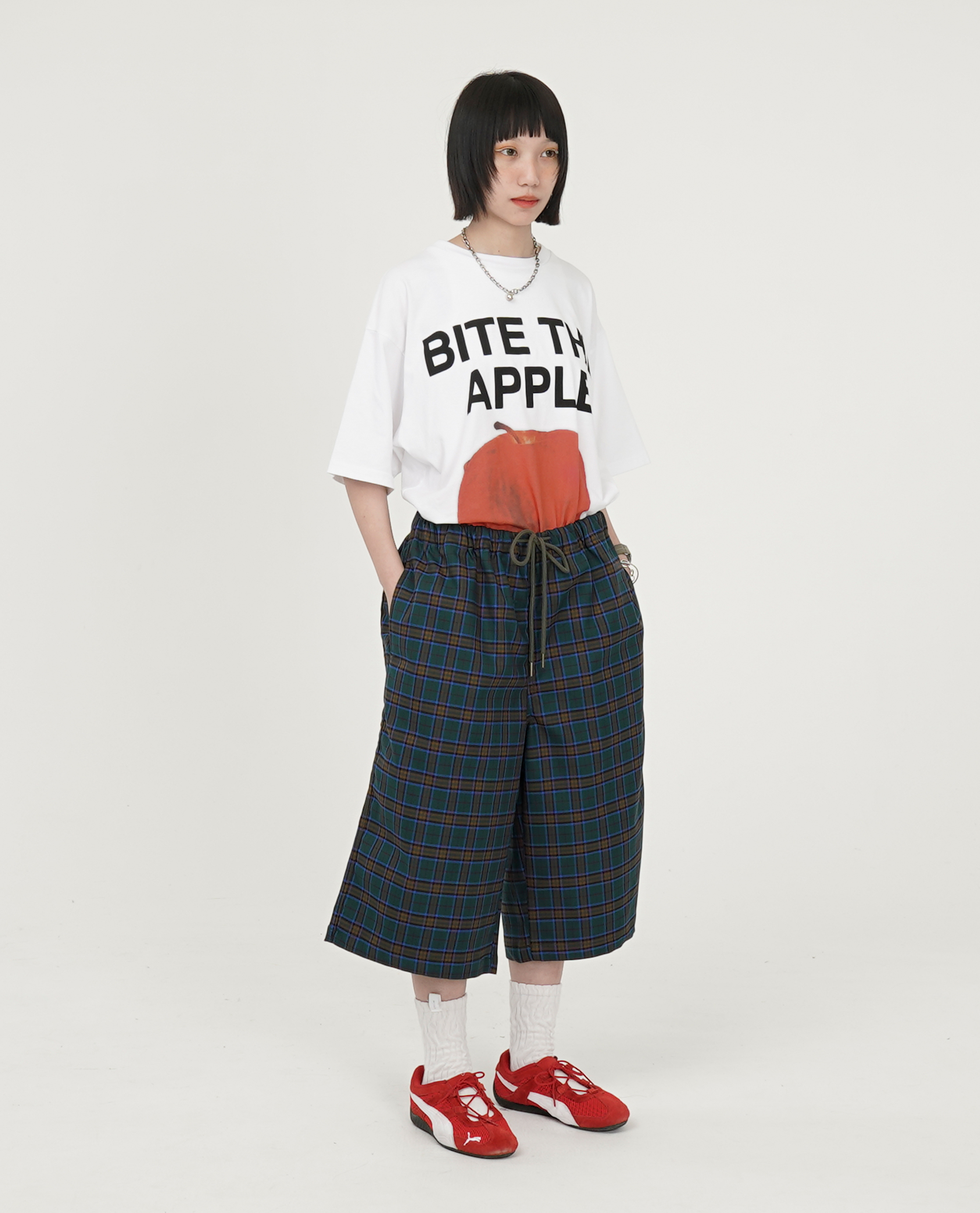 格紋綁繩膝下褲