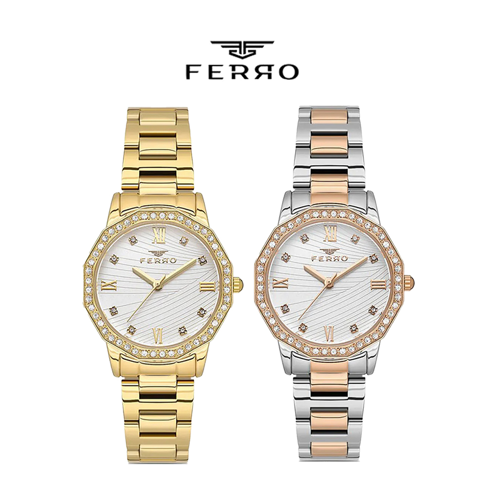 【Ferro 費羅】FL21395AWT 晶鑽時標錶圈 防水30米 雙色 不鏽鋼 女款 手錶