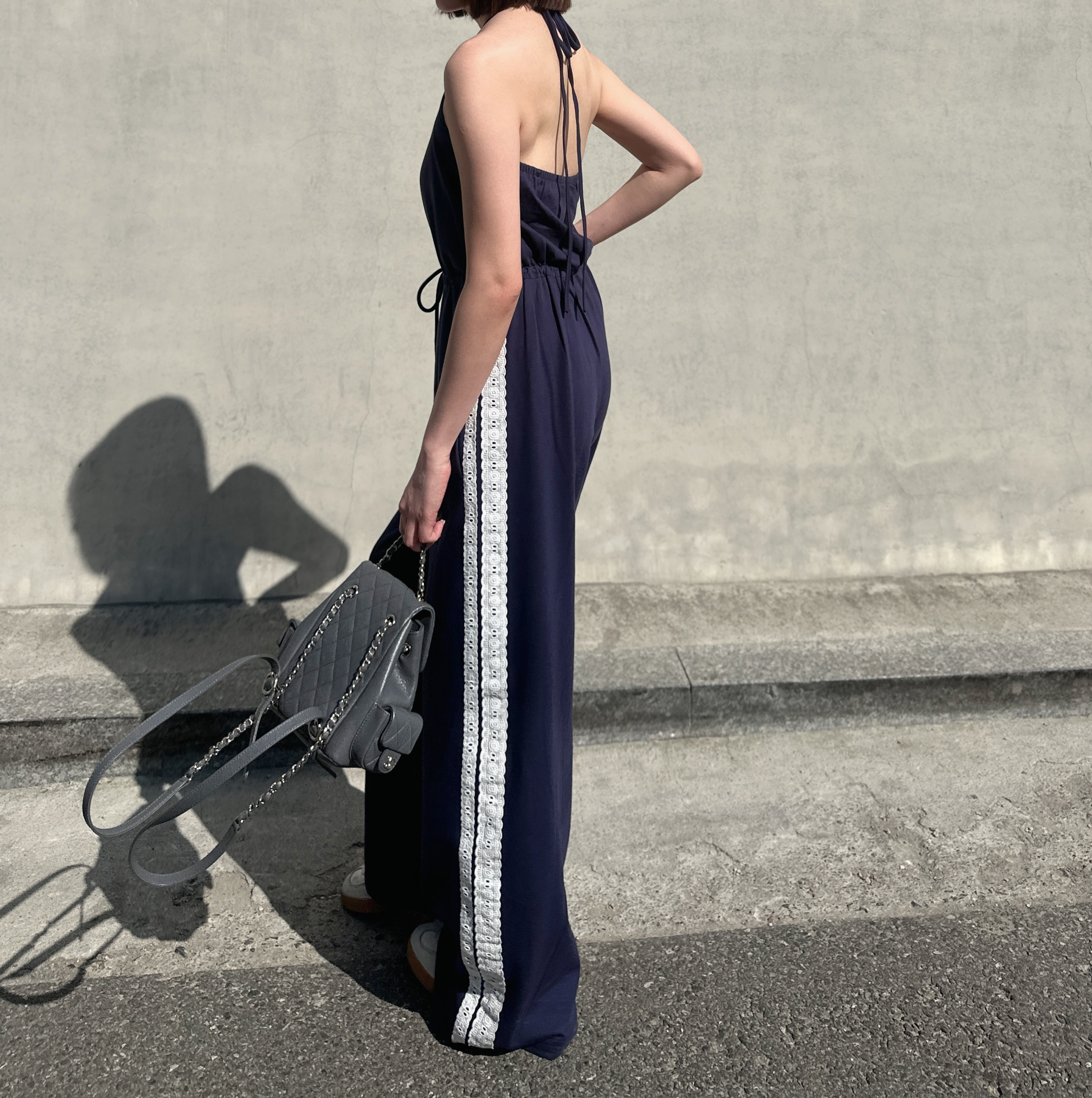 蕾絲滾邊連身褲(白/藍)