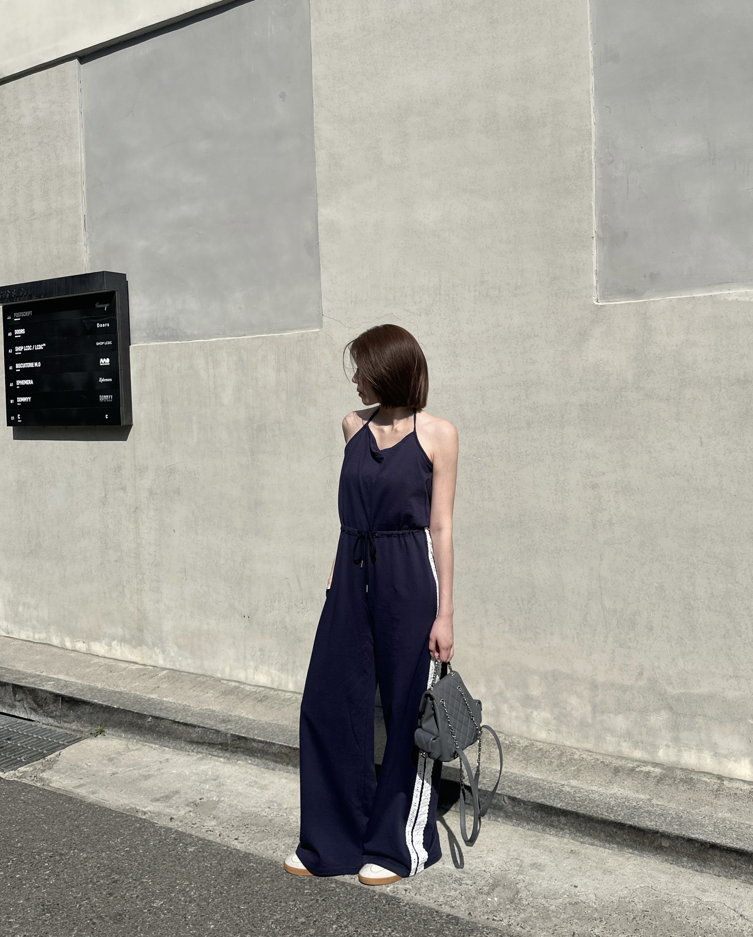 蕾絲滾邊連身褲(白/藍)