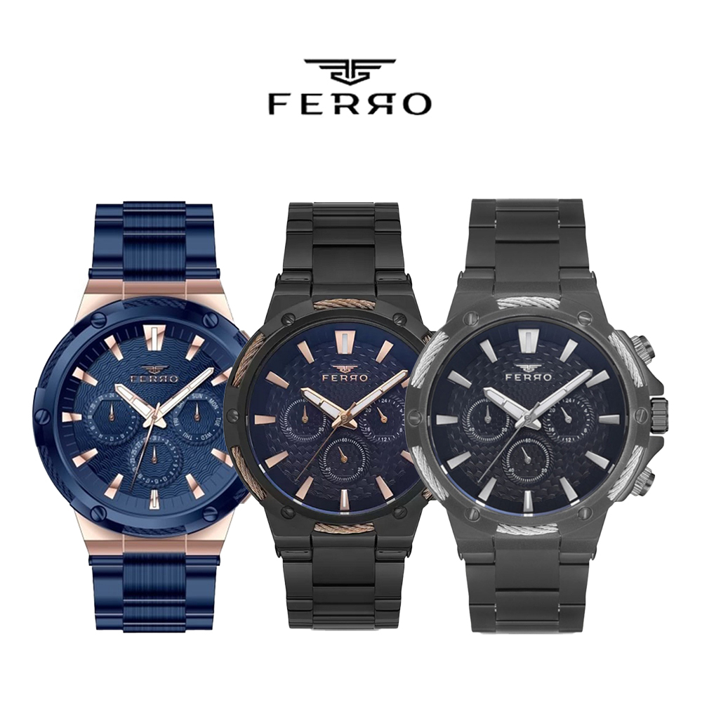 【FERRO 費羅】FM11168AWT 真三眼 防水30米 夜光 不鏽鋼 男款 手錶