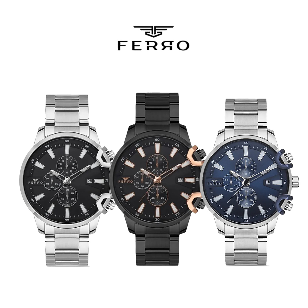 【FERRO 費羅】F40-098 真三眼 日期顯示 防水30米 夜光 不鏽鋼 男款 手錶