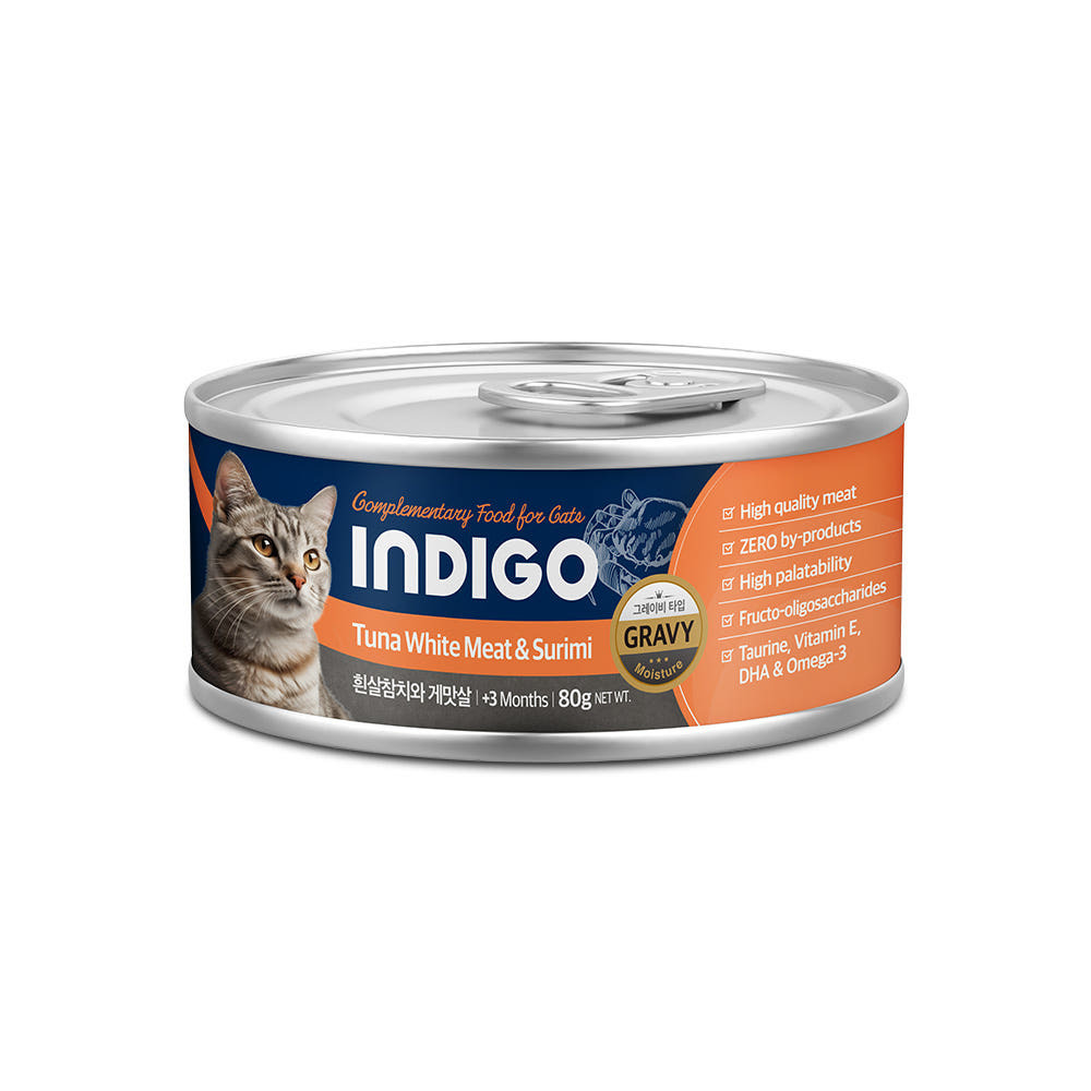 Indigo 韓國5星 益生元主食貓罐 - 白肉吞拿魚&蟹肉 80g  (保護關節)  [橙色]