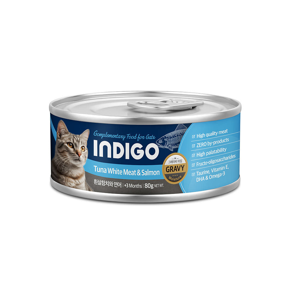 Indigo 韓國5星 益生元主食貓罐 - 白肉吞拿魚&三文魚 80g (保護血管)  [藍色]